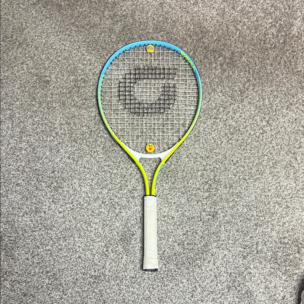 Vibrant Blue and Yellow Tennis Racket with White Grip